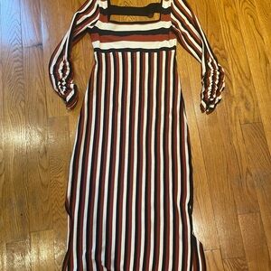 Striped Long Sleeve Dress - Black, White, Brown